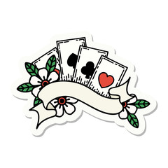 tattoo style sticker of cards and banner