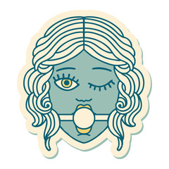 tattoo style sticker of winking female face with ball gag