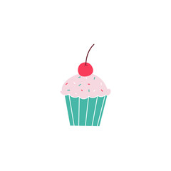 Cute muffin,cupcake with cherry on top flat vector icon isolated on a white background.