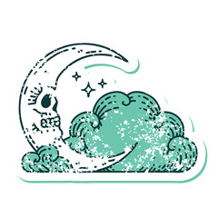 distressed sticker tattoo style icon of a skull crescent moon and clouds