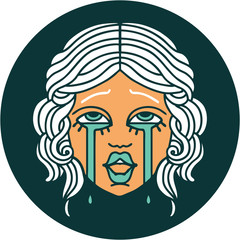 tattoo style icon of a very happy crying female face
