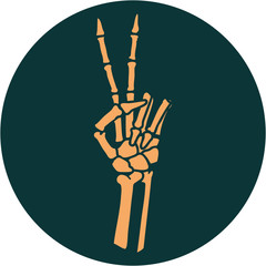 tattoo style icon of a skeleton hand giving a peace sign