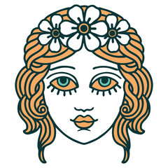 tattoo style icon of female face with crown of flowers