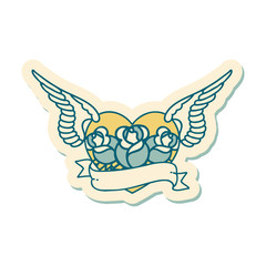 tattoo style sticker of a flying heart with flowers and banner