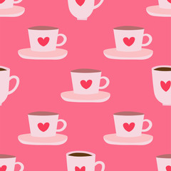 Tea cups and coffee mugs seamless repeat pattern.Valentine's day seamless repeat pattern.Cute vector pink cups on a pink background.