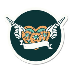 tattoo style sticker of a flying heart with flowers and banner