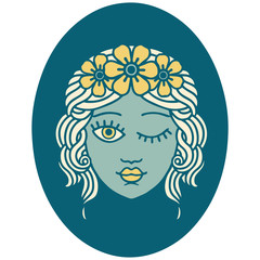 tattoo style icon of a maiden with crown of flowers winking