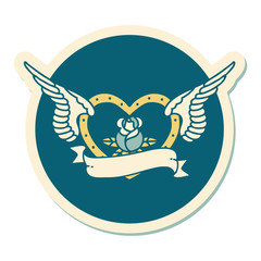 tattoo style sticker of a flying heart with flowers and banner