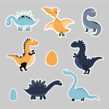 Collection of dinosaur stickers in cartoon style. Vector illustration.