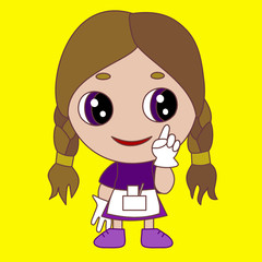 emoji with a chibi waiter asking a client to stand by, a girl with a confused face that is raising his index finger in a Just a moment gesture to ask people to wait a minute 