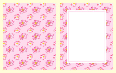 Watercolor hand painted nature floral two frames card set with pink tropical lotus flowers isolated on the light pink background for invite and greeting card with white space for text  