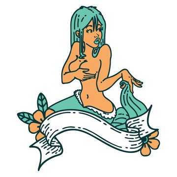 tattoo style icon of a pinup mermaid with banner