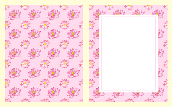 Watercolor hand painted nature floral two frames card set with pink tropical lotus flowers isolated on the light pink background for invite and greeting card with white space for text  