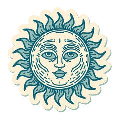 tattoo style sticker of a sun with face