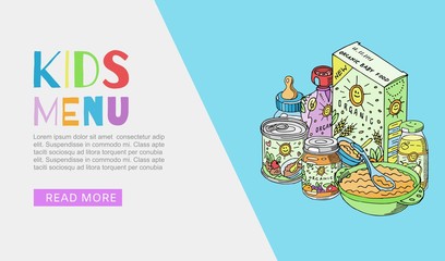 Doodle kids menu and baby food blue web banner vector illustration. Newborn and kids menu including drinks, porridges, puree and desserts, milk bottle and juice healthy nutrition.