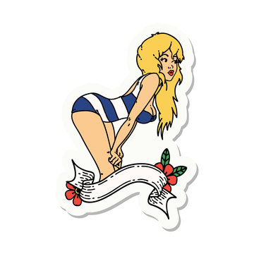 tattoo style sticker of a pinup girl in swimming costume with banner