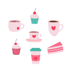 Set of mugs and sweets flat vector icons isolated on a white background.Coffee mug,tea cup,cupcake,muffin,coffee cup and slice of cake icons.