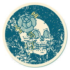 distressed sticker tattoo style icon of a skull and rose