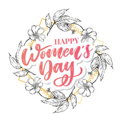 8 march. Happy Woman's Day Vector congratulation card with linear floral wreath