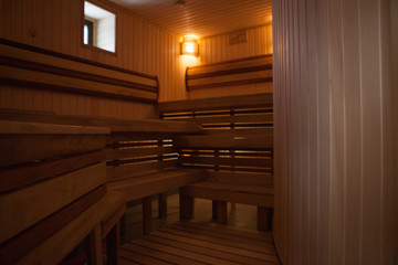 Traditional wooden dry steam room in country house.