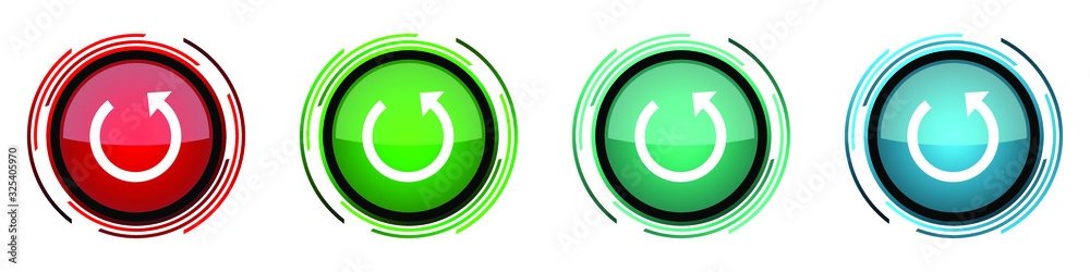 Poster Rotate round glossy vector icons, set of buttons for webdesign, internet and mobile phone applications in four colors options isolated on white background