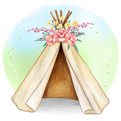 Watercolor boho spring tribal tent © angela0982