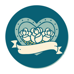 tattoo style sticker of a heart and banner with flowers