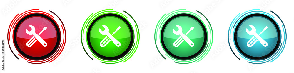 Aufkleber Tools round glossy vector icons, set of buttons for webdesign, internet and mobile phone applications in four colors options isolated on white background