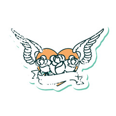 distressed sticker tattoo style icon of a flying heart with flowers and banner