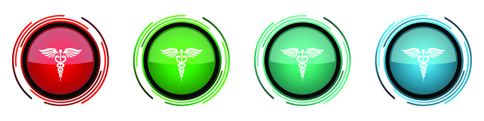 Emergency round glossy vector icons, set of buttons for webdesign, internet and mobile phone applications in four colors options isolated on white background