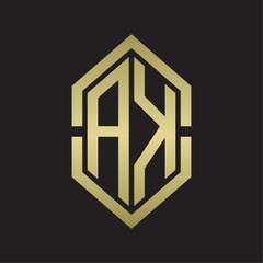 AK Logo monogram with hexagon shape and outline slice style with gold colors