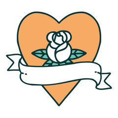 tattoo style icon of a heart rose and banner