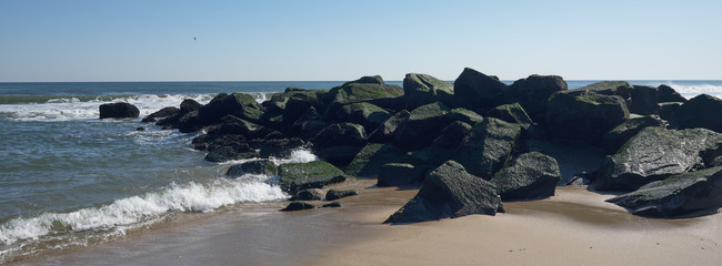 Seaweed and moss covered rock jetty juts out into the Atlantic ocean off the small beach on the New Jersey coast to offer storm protection of the fragile ecosystem © Jorge Moro