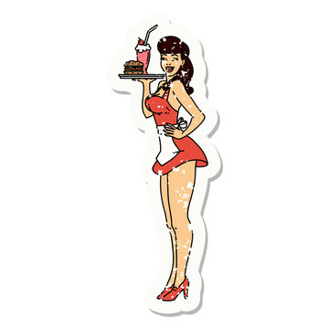 distressed sticker tattoo of a pinup waitress girl