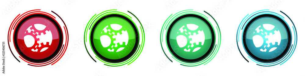 Poster Gear round glossy vector icons, set of buttons for webdesign, internet and mobile phone applications in four colors options isolated on white background