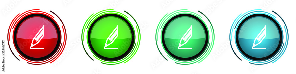 Aufkleber Pencil round glossy vector icons, set of buttons for webdesign, internet and mobile phone applications in four colors options isolated on white background