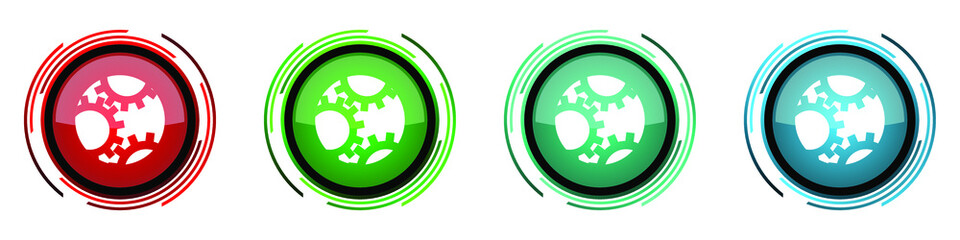 Gear round glossy vector icons, set of buttons for webdesign, internet and mobile phone applications in four colors options isolated on white background