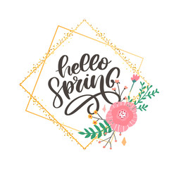 Hello Spring Flowers Text Background lettering slogan