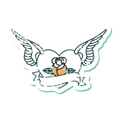 distressed sticker tattoo style icon of a flying heart with flowers and banner