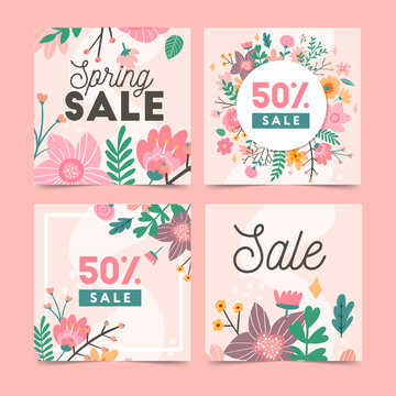 Set Of Spring Flowers Vector Template For Instagram Post, Stories, Season Sale, Discounts, Promotional, Flyers And Posters, Apps, Websites, Printing Material . Colorful And Floral Sale Badges