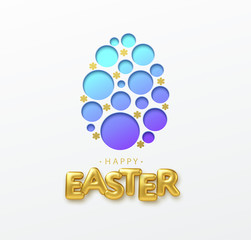 Greeting card with 3D realistic golden lettering Happy Easter and Paper Cut Easter Egg. Vector illustration