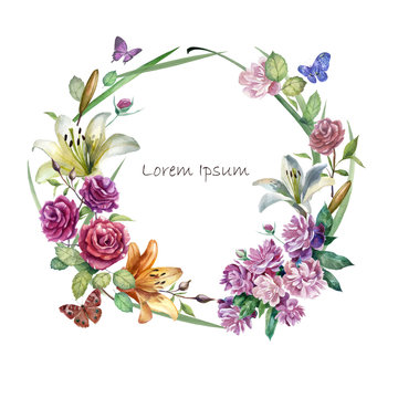 Watercolor illustration, frame of flowers roses, lilies and peonies. Buds of roses