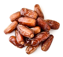Date fruit pile on white top view. Isolated