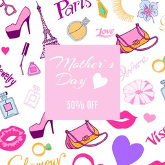 Discount banner for mothers day with ladies fashion collection pattern vector illustration. Square poster for special mothers day sale with bags, shoes, jewelry, parfume and lips background.