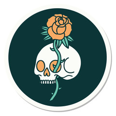 tattoo style sticker of a skull and rose