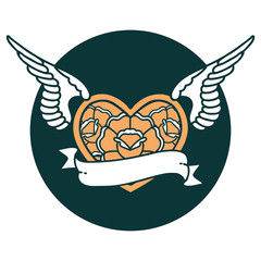 tattoo style icon of a flying heart with flowers and banner