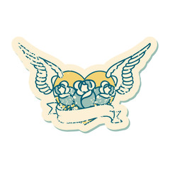 distressed sticker tattoo style icon of a flying heart with flowers and banner