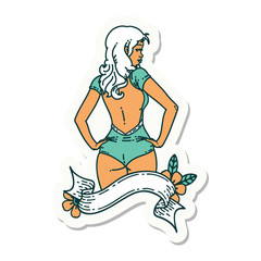 tattoo sticker of a pinup swimsuit girl with banner