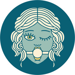 tattoo style icon of winking female face with ball gag