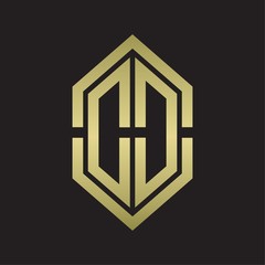 DD Logo monogram with hexagon shape and outline slice style with gold colors